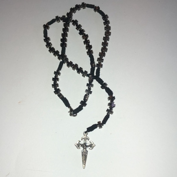 Vintage Jewelry - Vintage Silver Tone & Dark Metal Tone Beaded Boho Religious Cross Necklace